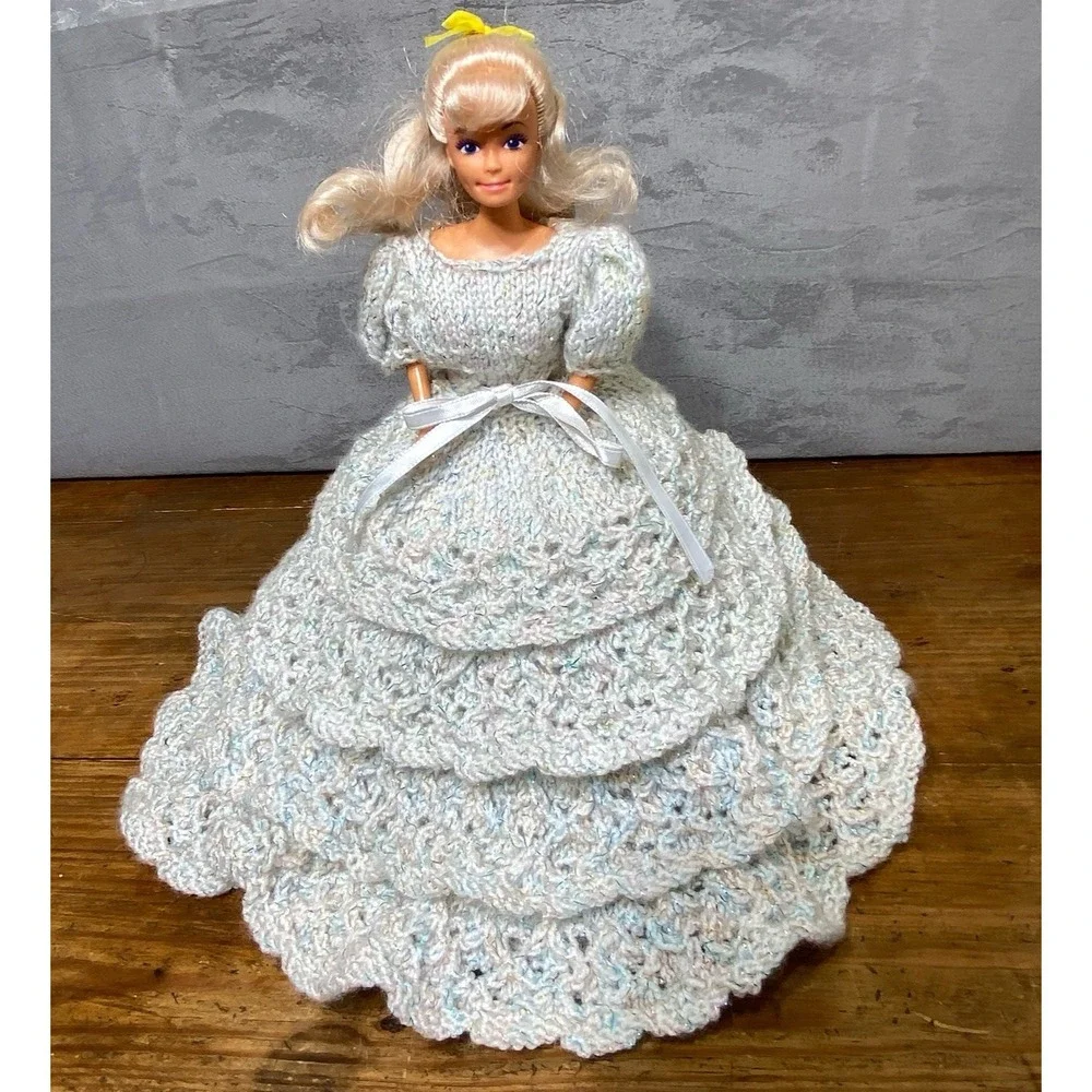 Vintage Barbie OOAK Handmade White Knit Crochet Ballgown Dress Petticoat 11 in